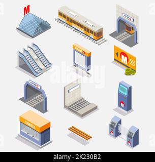 U-Bahn-Symbol-Set. Vektor flache isometrische Darstellung von U-Bahn-Elemente wie U-Bahn-Zug, Tunnel, U-Bahn-Plattform, Station, Rolltreppe, entr Stock Vektor