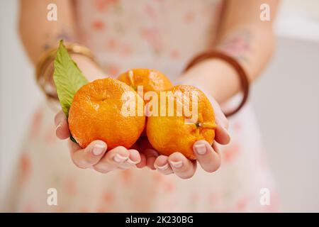 Mandarinen-Versuchung. Drei Mandarinen in den Händen der Frau. Stockfoto