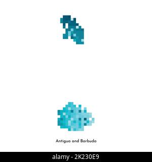 Vektor isolierte geometrische Illustration mit vereinfachter eisblauer Silhouette von Antigua und Barbuda Karte. Pixel-Art-Stil für NFT-Vorlage. Gepunktetes Logo mit Stock Vektor