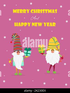 Zwei niedliche Gnome mit Geschenken in den Händen Grußkarte für Weihnachten. Vektorgrafik im flachen Stil. Stock Vektor