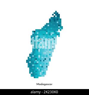 Vektor isolierte geometrische Illustration mit einfacher eisblauer Form der Madagaskar Karte. Pixel-Art-Stil für NFT-Vorlage. Gepunktetes Logo mit verlaufsgradem Text Stock Vektor