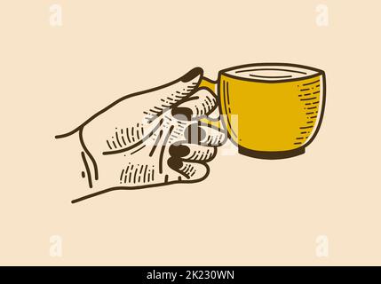 Hände halten Kaffee Tasse Retro Vintage Linie Kunst Design Stock Vektor