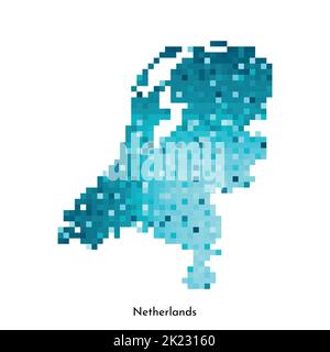 Vektor isolierte geometrische Illustration mit einfacher eisblauer Form der Niederlande Karte. Pixel-Art-Stil für NFT-Vorlage. Gepunktetes Logo mit Verlaufstext Stock Vektor