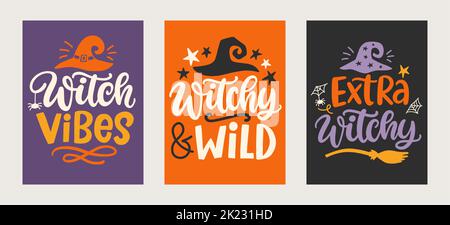 Witch Vibes, Witchy und Wild. Set von Halloween handgezeichneten niedlichen Schriftzügen Stock Vektor