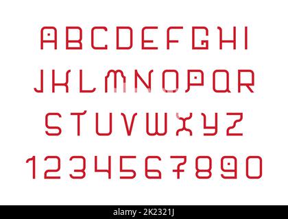 Vektor isolierte Sammlung von englischen Alphabet und Zahlen. Rote Buchstaben werden in chinesischem und japanischer Stil hergestellt. Einfache Schriftart mit geometrischer Pixelform Stock Vektor