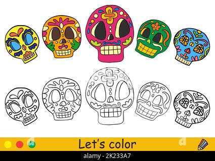 Niedliche Zuckerschädel. Tag der Toten oder mexikanisches halloween-Konzept. Malbuch-Seite für Kinder mit farbenfroher Vorlage. Vektorgrafik Cartoon-Illustration. Stock Vektor