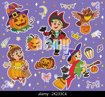 Halloween Figuren und Elemente Sticker Set. Hexe, Kürbis, Pirat. Halloween-Konzept. Vektorgrafik Cartoon-Illustration. Für Aufkleber, Karten, Design, PR Stock Vektor