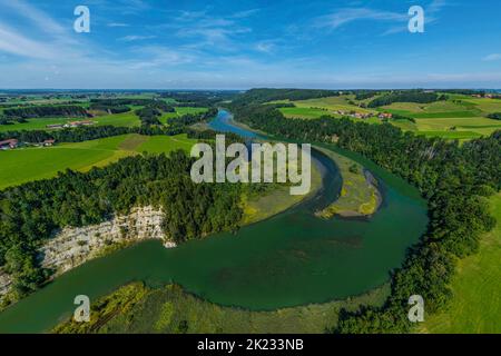 Luftaufnahme zur spektakulären Iller-Durchbruche bei Altusried im bayerischen Allgäu Stockfoto