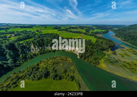 Luftaufnahme zur spektakulären Iller-Durchbruche bei Altusried im bayerischen Allgäu Stockfoto