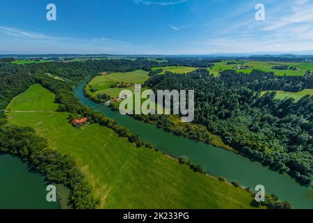 Luftaufnahme zur spektakulären Iller-Durchbruche bei Altusried im bayerischen Allgäu Stockfoto