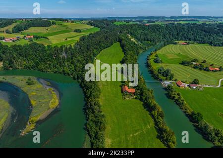 Luftaufnahme zur spektakulären Iller-Durchbruche bei Altusried im bayerischen Allgäu Stockfoto