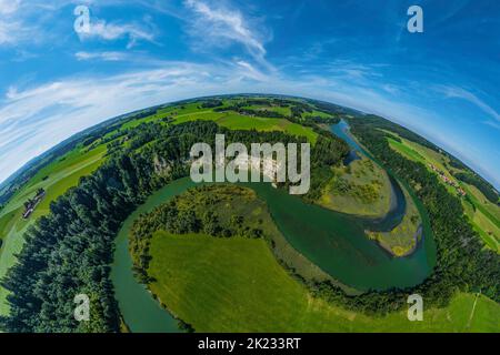 Luftaufnahme zur spektakulären Iller-Durchbruche bei Altusried im bayerischen Allgäu Stockfoto