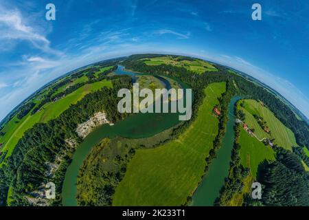 Luftaufnahme zur spektakulären Iller-Durchbruche bei Altusried im bayerischen Allgäu Stockfoto