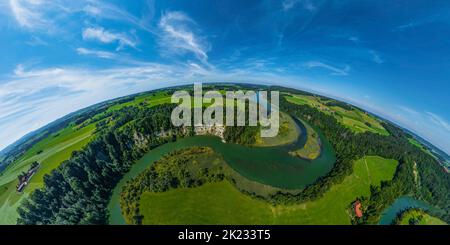 Luftaufnahme zur spektakulären Iller-Durchbruche bei Altusried im bayerischen Allgäu Stockfoto