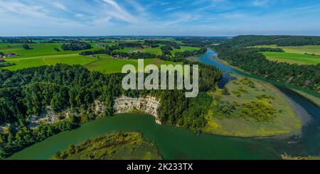 Luftaufnahme zur spektakulären Iller-Durchbruche bei Altusried im bayerischen Allgäu Stockfoto