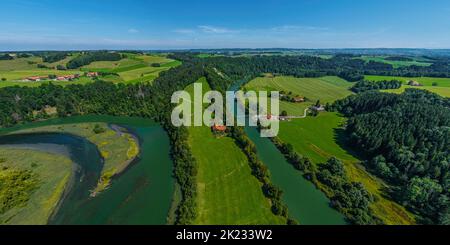 Luftaufnahme zur spektakulären Iller-Durchbruche bei Altusried im bayerischen Allgäu Stockfoto