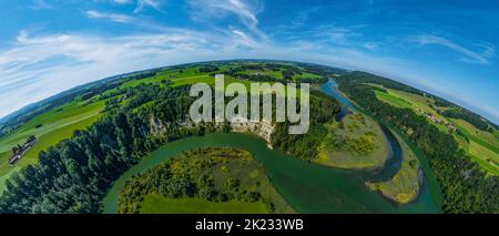 Luftaufnahme zur spektakulären Iller-Durchbruche bei Altusried im bayerischen Allgäu Stockfoto