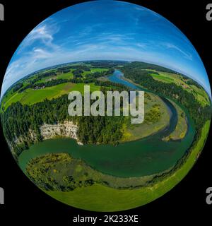 Luftaufnahme zur spektakulären Iller-Durchbruche bei Altusried im bayerischen Allgäu Stockfoto