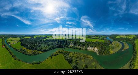 Luftaufnahme zur spektakulären Iller-Durchbruche bei Altusried im bayerischen Allgäu Stockfoto