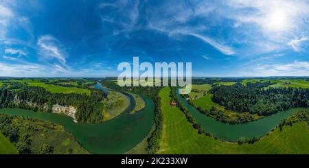 Luftaufnahme zur spektakulären Iller-Durchbruche bei Altusried im bayerischen Allgäu Stockfoto