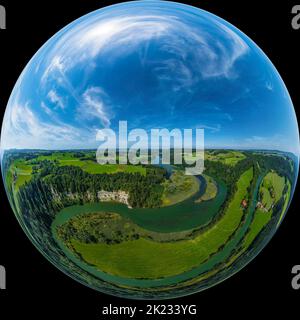 Luftaufnahme zur spektakulären Iller-Durchbruche bei Altusried im bayerischen Allgäu Stockfoto