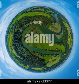 Luftaufnahme zur spektakulären Iller-Durchbruche bei Altusried im bayerischen Allgäu Stockfoto
