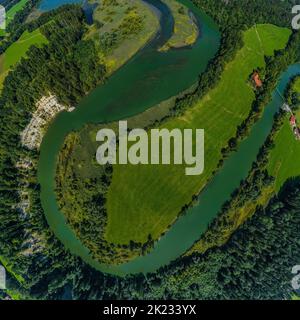 Luftaufnahme zur spektakulären Iller-Durchbruche bei Altusried im bayerischen Allgäu Stockfoto
