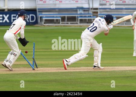 George Balderson nimmt seinen Hattrick Wicket für Lancashire gegen Essex durch Bowling Matt Critchley am 21/9/2022, County Ground, Chelmsford, Essex, eng Stockfoto