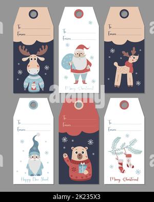 Geschenkanhänger zu Weihnachten. Kartenetiketten mit niedlichen Charakteren Weihnachtsmann, Gnom und Bär, Elch, Hirsch im weihnachtspullover. Vertikale Vektorvorlagen. X Stock Vektor