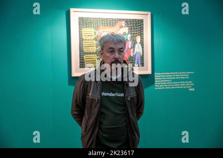 KIEW, UKRAINE - 21. SEPTEMBER 2022 - der ukrainische Minister für Kultur- und Informationspolitik Oleksandr Tkachenko nimmt an der Eröffnung des Maria Prymac Teil Stockfoto