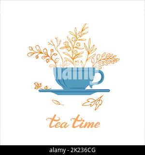 Skizzenhafte Teetacke mit Herbstblättern innen und ringsum, Einladung zur Teeparty, dekoratives Element mit Teestuftschrift Stock Vektor