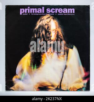 Bildercover der 12 Zoll großen Einzelversion von Loaded by Primal Scream, die 1990 veröffentlicht wurde. Stockfoto
