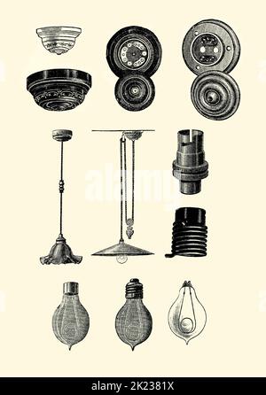 Eine alte viktorianische Gravur von verschiedenen elektrischen Geräten, die in der Beleuchtung während dieser Ära in Großbritannien verwendet wurden. Es ist aus einem Buch von 1890. Die obere Reihe zeigt Deckenrosen und ihre Basiskontakte. In der Mitte befinden sich zwei hängende ‘Aufzug’-Geräte oder ‘Elektrolier’. In der Mitte rechts befinden sich zwei Lampenfassungen (Edison oben und Schlangenmuster unten). In der unteren Reihe befinden sich drei Edison-Swan Glühlampen mit verschiedenen Armaturen (links BC, Mitte es, rechts BL). Stockfoto