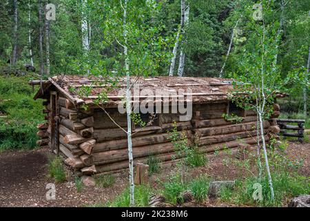 Dalton Cabin, Miners Park in Bullion City, Canyon of Gold, Bullion Canyon, Tushar Mountains, Fishlake National Forest, In der Nähe von Marysvale, Utah, USA Stockfoto