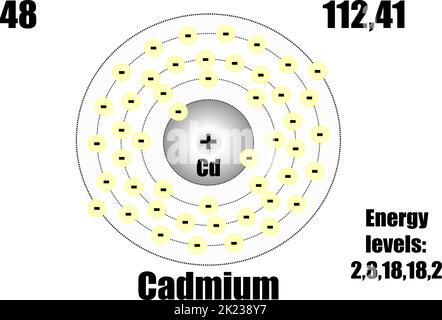 Cadmiumatom mit Masse- und Energieniveaus. Vektorgrafik Stock Vektor