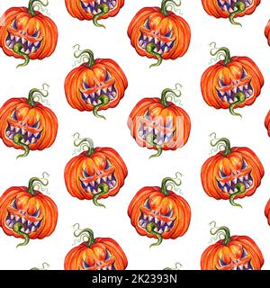 Halloween nahtloses Musterdesign mit lachenden gruseligen Kürbissen mit scharfen Zähnen. Aquarelldarstellung auf weißem Hintergrund. Tapeten-Design. Für ca. Stockfoto