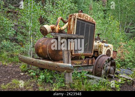 Luftbetriebene Lokomotive, Miners Park in Bullion City, Canyon of Gold, Bullion Canyon, Tushar Mountains, Fishlake National Forest, In der Nähe von Marysvale, Utah, USA Stockfoto