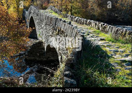 Blick auf die traditionelle Steinbrücke Mylos in Epirus, Griechenland im Herbst Stockfoto