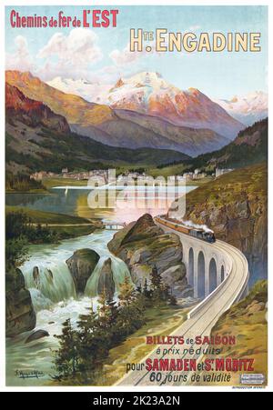 FREDERIC HUGO D'ALESI (1849-1906) Reiseposter Chemins de fer de L'Est hte Engadin, Samaden et St Moritz, c 1890-1900 Bahnposter Stockfoto