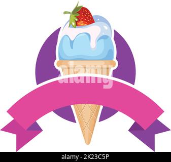 Waffelkegel mit rosa Band. Cartoon Eis Logo Vorlage Stock Vektor