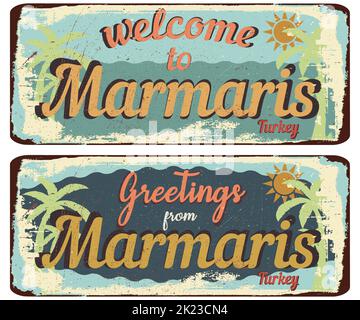 Vintage Grunge Retro Schild Willkommen in Marmaris, Grüße aus Marmaris Stock Vektor