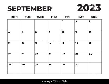 September 2023 Schwarzweiß Montag Start Landschaftsgestaltung Monatlicher Planer, 2023 Lanscape Kalender, September 2023 Organisator, editierbar monatlich Planner2023 Stockfoto