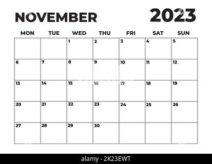 November 2023 Schwarzweiß Montag Start Landschaftsgestaltung Monatlicher Planer, 2023 Lanscape Kalender, November 2023 Organisator, editierbarer Monatsplaner 2023 Stockfoto