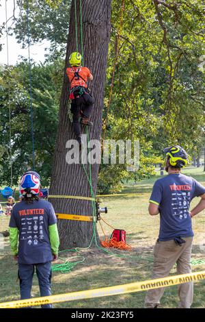 Detroit, Michigan - Professionelle Baumpfleger nehmen an der Michigan Tree Climbing Championship Teil. Stockfoto