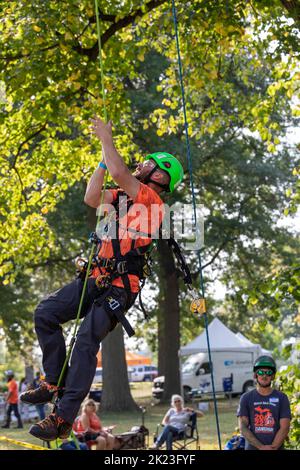 Detroit, Michigan - Professionelle Baumpfleger nehmen an der Michigan Tree Climbing Championship Teil. Stockfoto