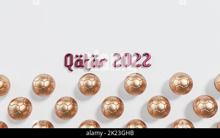 Goldener Fußball mit Katar 2022 text im arabischen Stil. 3D Rendering Stockfoto