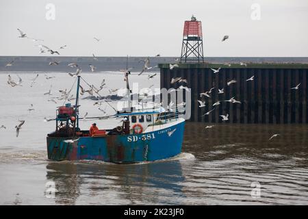 Ein kleines blaues Fischerboot wandert über die River Wear zum Fish Quay in Sunderland Stockfoto