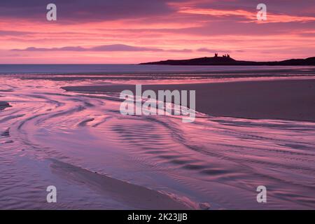 Rosa Sonnenaufgang über dem Strand in Embleton Bay an der Northumberland Coast von England, mit Dunstanburgh Castle als Kulisse Stockfoto