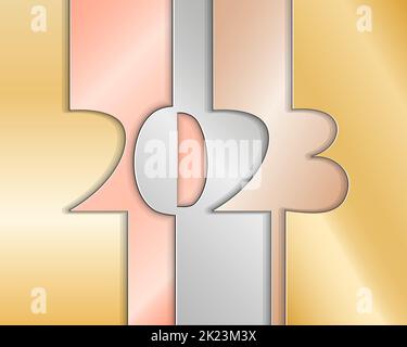 2023 Neujahr einzelne kontinuierliche Linie Kunst. Holiday Grußkarte Headline Dekoration. Goldfarbenes Silber-Metallic-Leuchten. Eine Skizze umreißt die Zeichnung farbig Stock Vektor