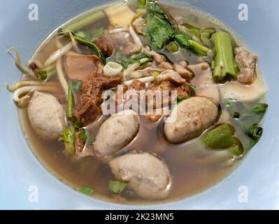 Suppe mit geschmortem Schweinefleisch (geschmortes Schweinefleisch), frischem Schweinefleisch, Schweinebällchen und morgendlicher Pracht, Bohnensprossen, in einer blauen Schüssel mit gehackten Zwiebeln bestreut. Selektiver FOC Stockfoto